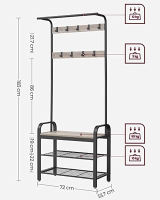 Hölzerner Metallgarderobenständer mit Schuh-Bank für Eingangs-Bereich mit Haken, 3Layers